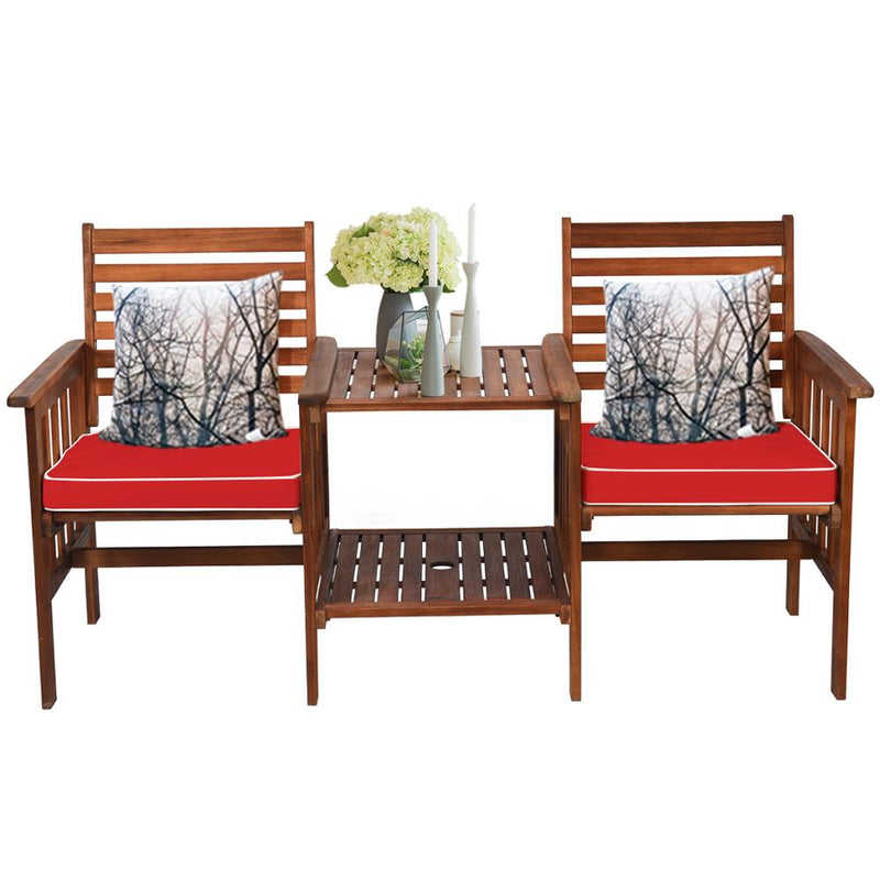 Patio Loveseat Set Acacia Wood Chair Coffee Table Cushioned Umbrella Hole OP70605