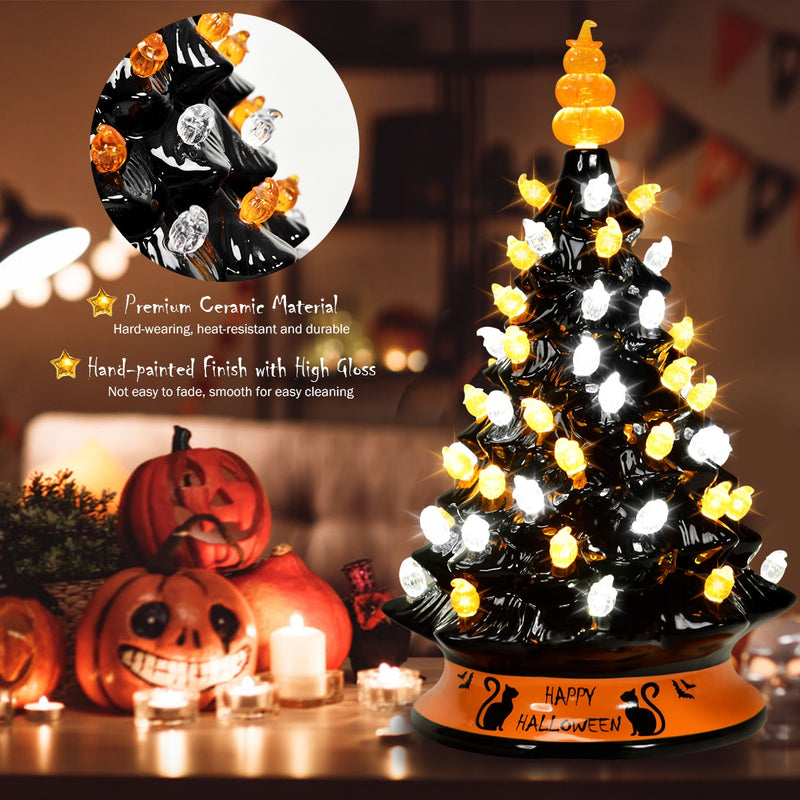 15" Pre-Lit Ceramic Hand-Painted Tabletop Halloween Tree Battery Powered Black