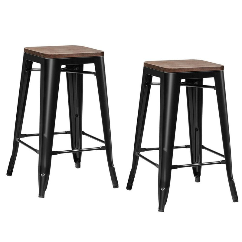 Set of 2 Counter Height Backless Barstool 26'' Metal Stackable Stool w/Wood Seat HW66692BK-2