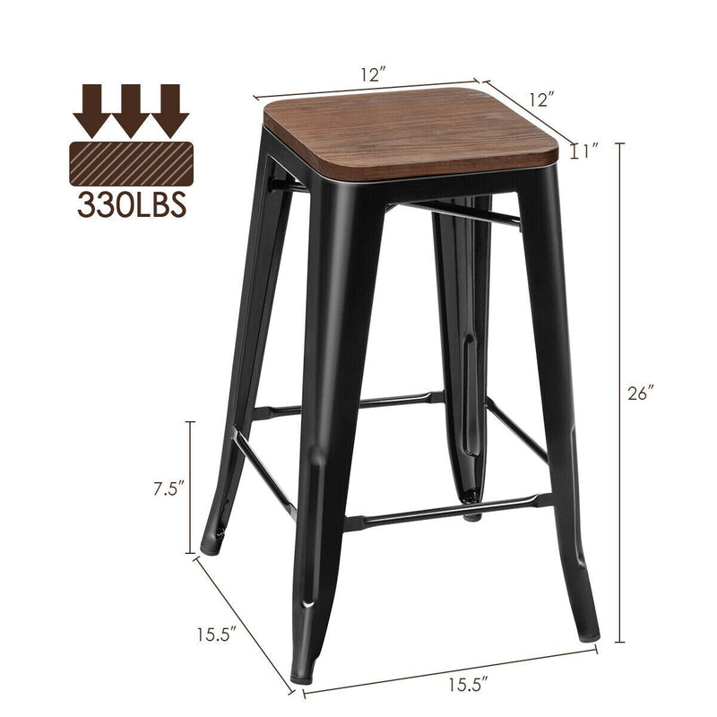 Set of 2 Counter Height Backless Barstool 26'' Metal Stackable Stool w/Wood Seat HW66692BK-2