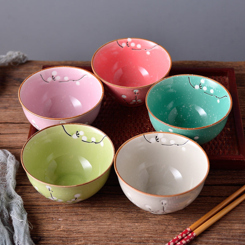 5-Piece 5-Colors 270ML Porcelain Flower Pattern Japanese Style Rice Bowl