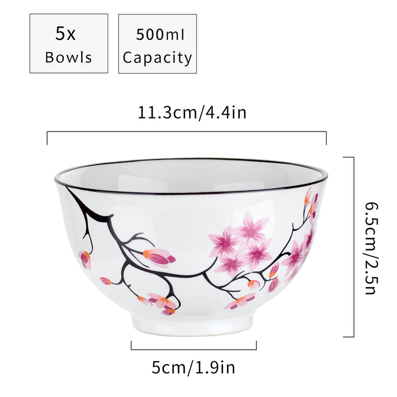 5-Piece 500ML White Porcelain Cherry Blossoms Pattern  Bowl Set