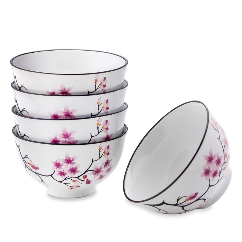 5-Piece 500ML White Porcelain Cherry Blossoms Pattern  Bowl Set