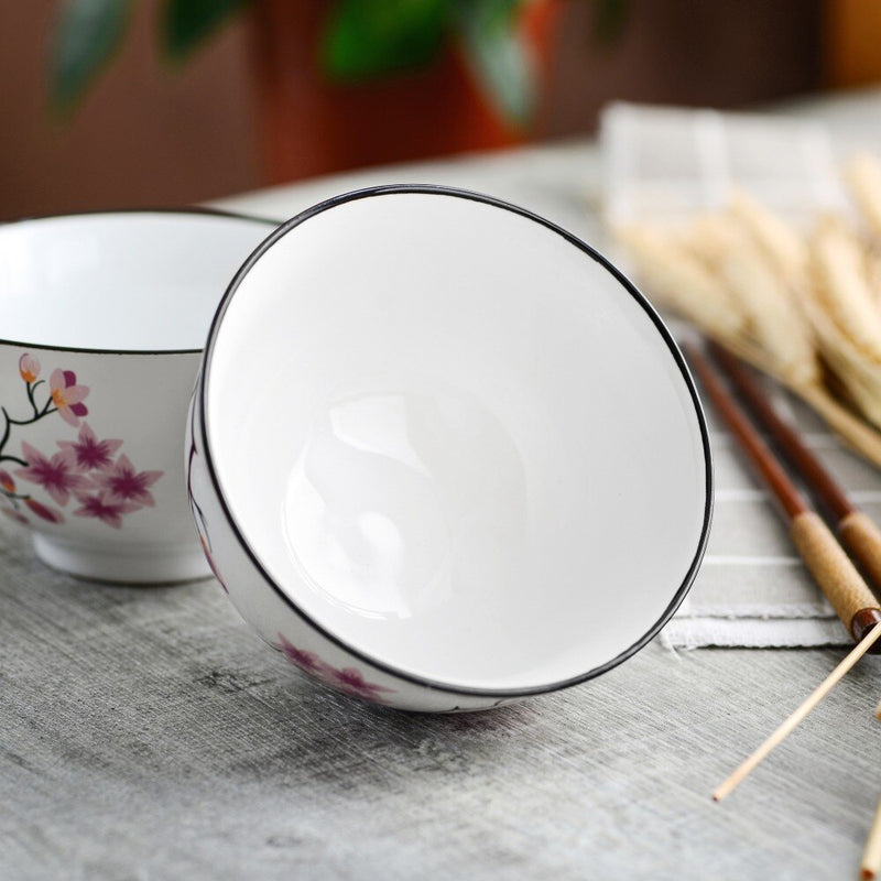 5-Piece 500ML White Porcelain Cherry Blossoms Pattern  Bowl Set
