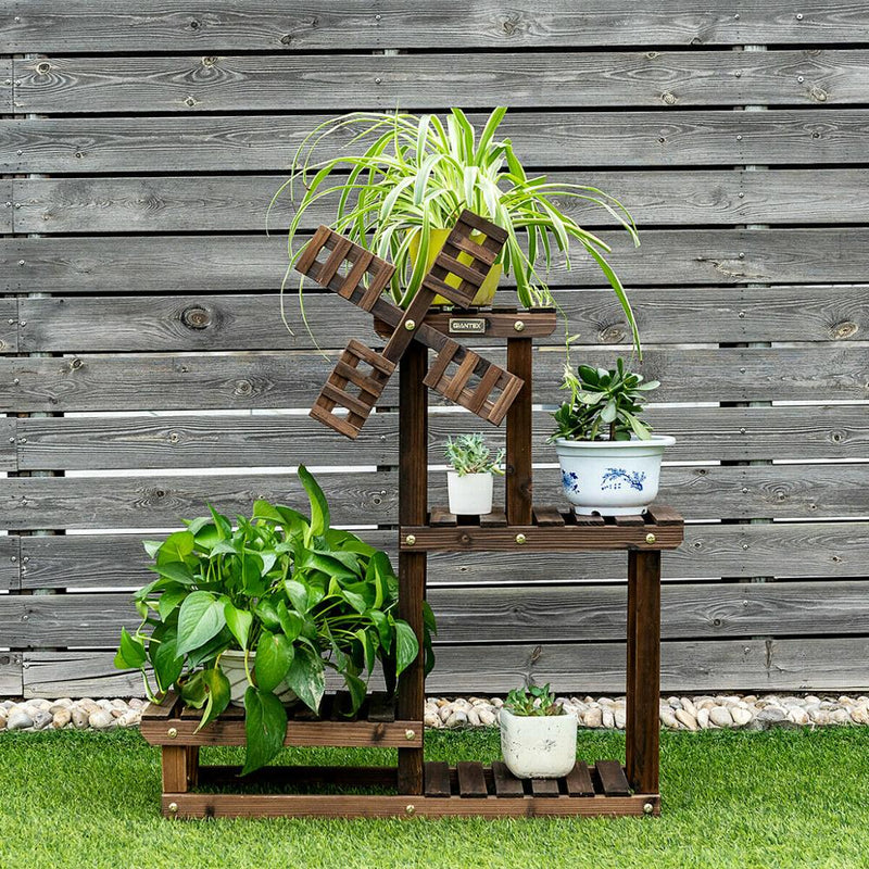 Wood Plant Stand 4 Tier Shelf Multiple Space-saving Flower Pot Windmill Design GT3523