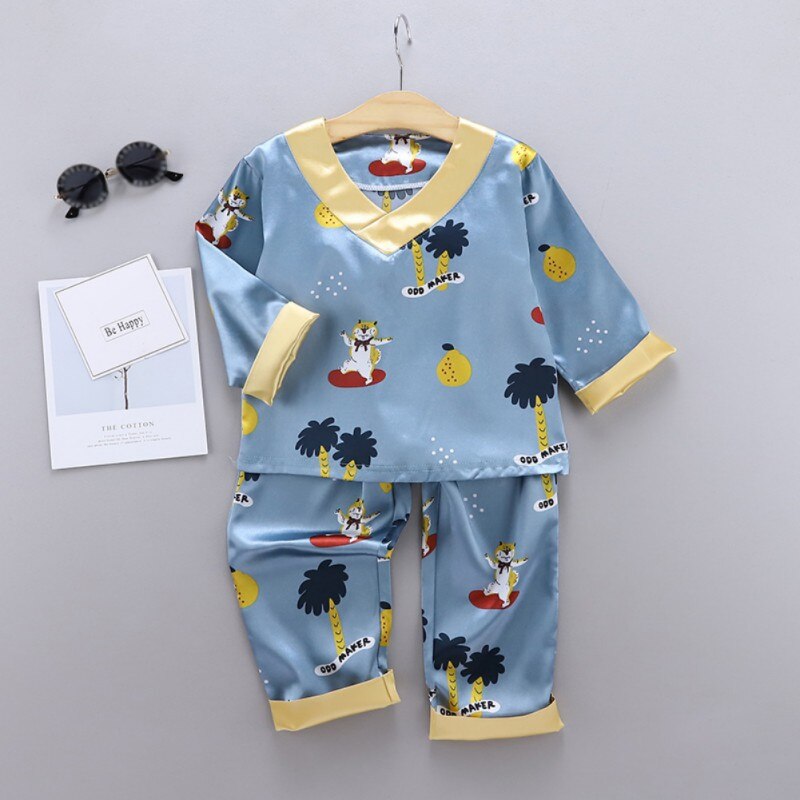 Kids Baby Boys Girls Nightgown Long Sleeve Children's Cartoon Printed Silk Pajamas Sets