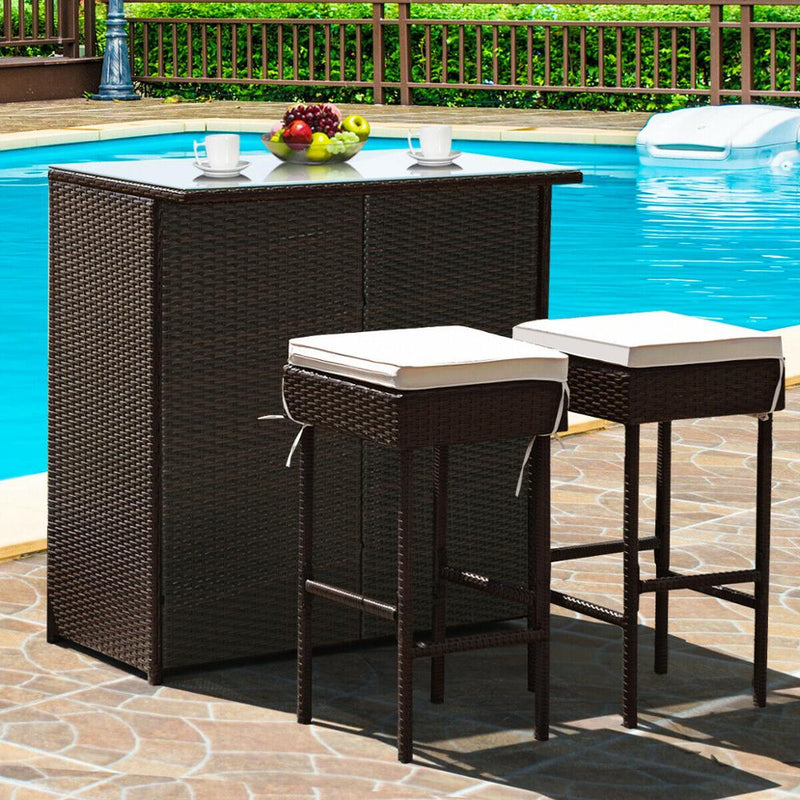 3PCS Patio Rattan Wicker Bar Table Stools Dining Set Cushioned Chairs Garden HW62380