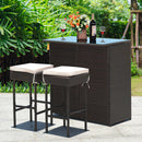 3PCS Patio Rattan Wicker Bar Table Stools Dining Set Cushioned Chairs Garden HW62380