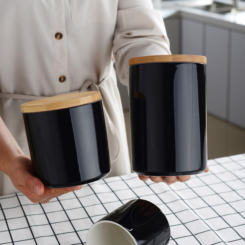 3-Piece Ceramic Food Tea Coffee Sugar Storage with Bamboo Lid