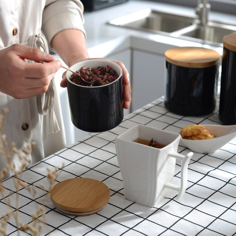 3-Piece Ceramic Food Tea Coffee Sugar Storage with Bamboo Lid