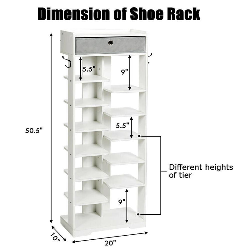 Wooden Shoe Rack w/Fabric Drawer Free Standing Shoe Storage Shelf