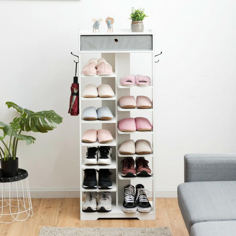 Wooden Shoe Rack w/Fabric Drawer Free Standing Shoe Storage Shelf