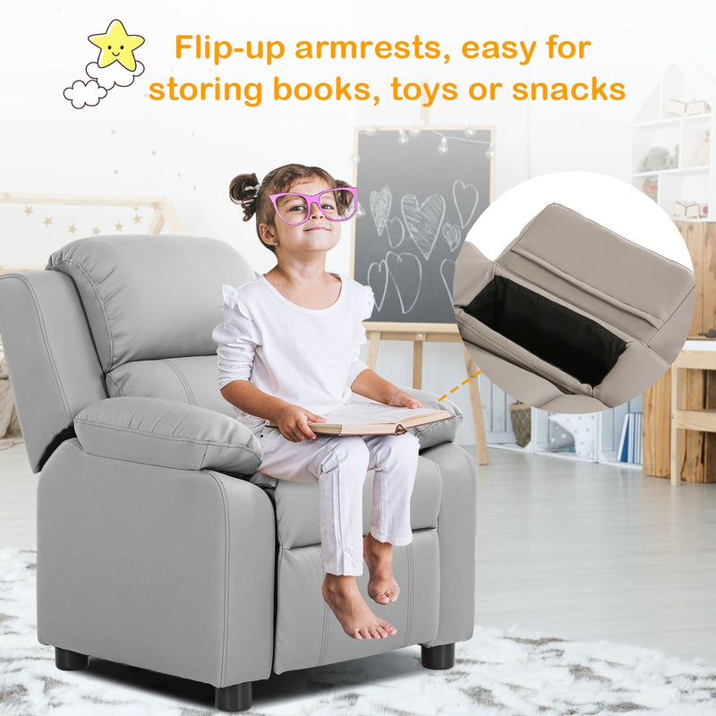 Kids Sofa Armchair Recliner Headrest Children w/ Storage Arms Gray