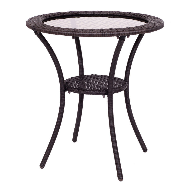 Round Rattan Wicker Coffee Table Glass Top Steel Frame Patio Furni W/Lower Shelf