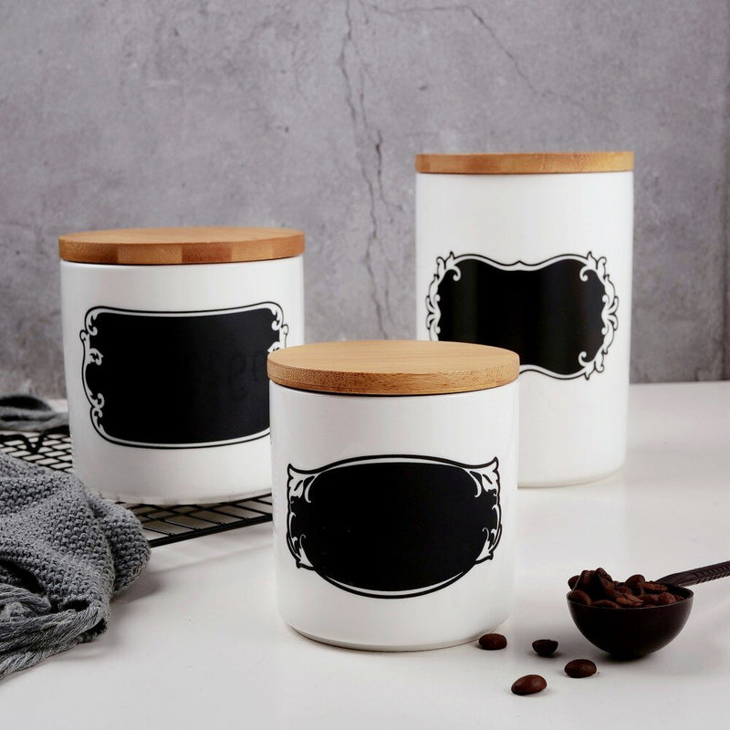3-Piece Ceramic Storage Canister Jar Set w/ Lid,Reusable Chalkboard