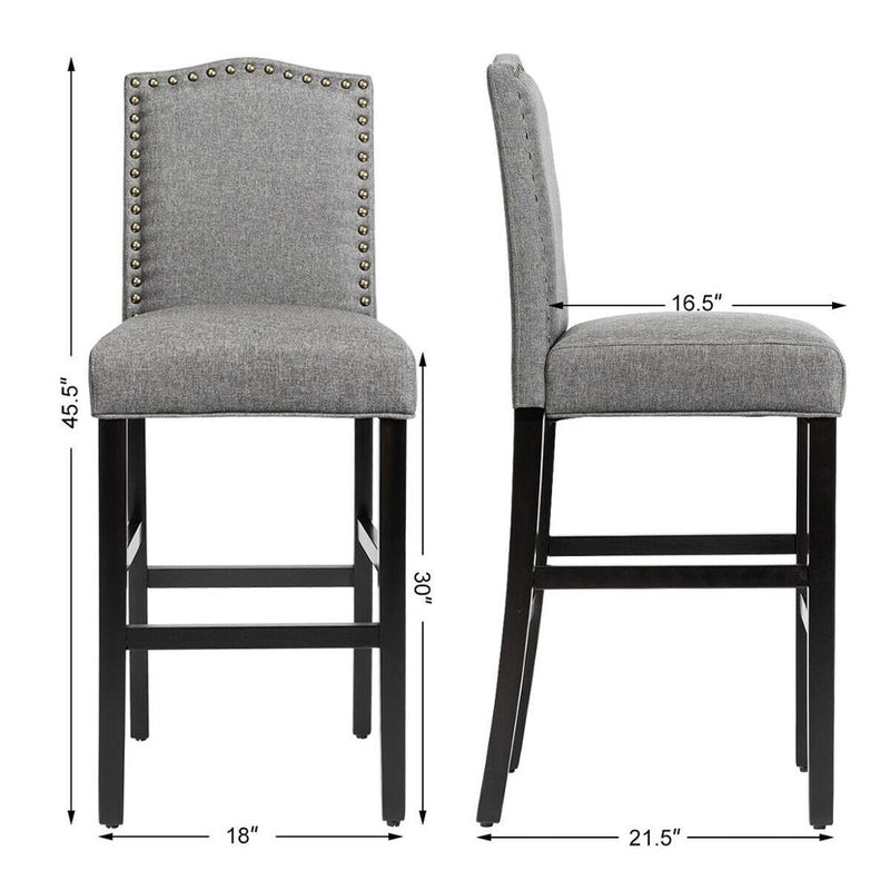 Set of 2 Bar Stools 30'' Upholstered Kitchen Breakfast Nailhead Bar Chairs Gray