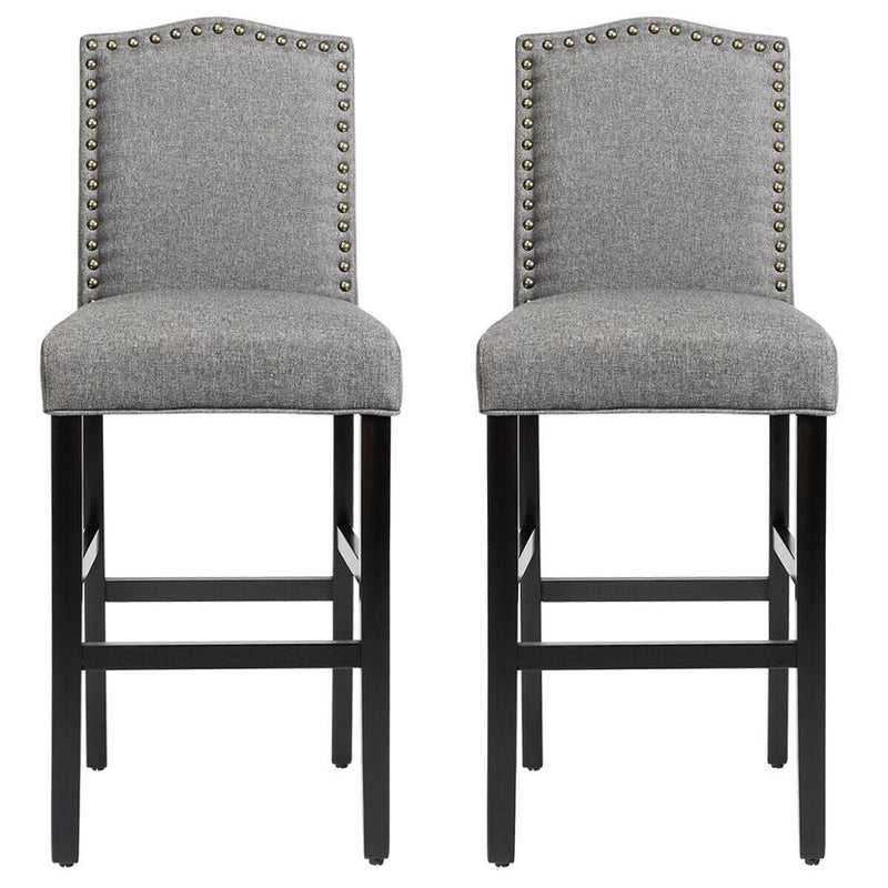 Set of 2 Bar Stools 30'' Upholstered Kitchen Breakfast Nailhead Bar Chairs Gray