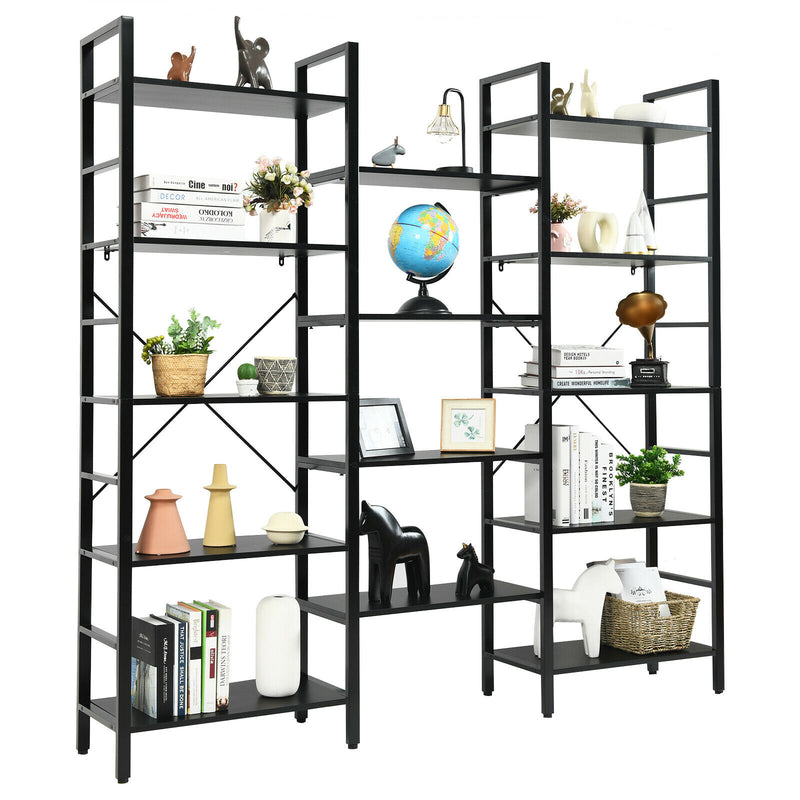 Triple Wide 5-tier Bookcase Large Bookshelf Display Storage Shelf Vintage Black
