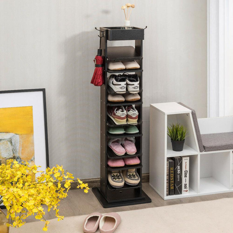 Rotated Shoe Rack 9 Tier Wooden Shoe Organizer w/Hooks & Anti-drop Railing