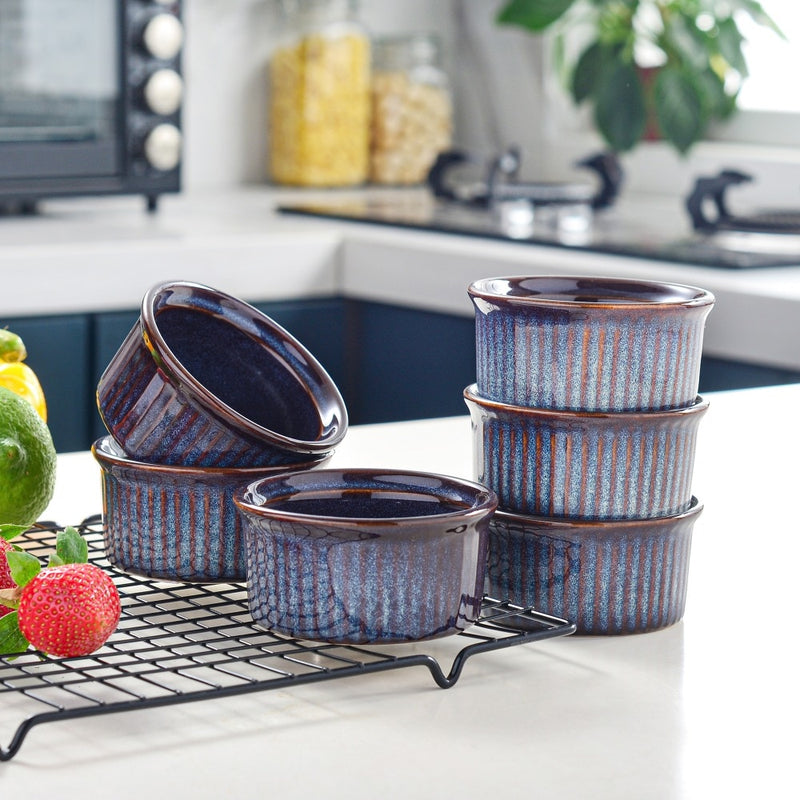 6-Piece Blue Round Baking Ramekins Dishes Set 190ml Stoneware