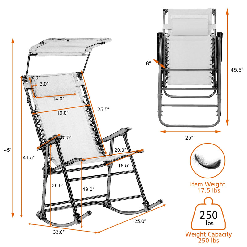 Folding Rocking Chair Rocker Porch Zero Gravity Furniture Sunshade Canopy Orange