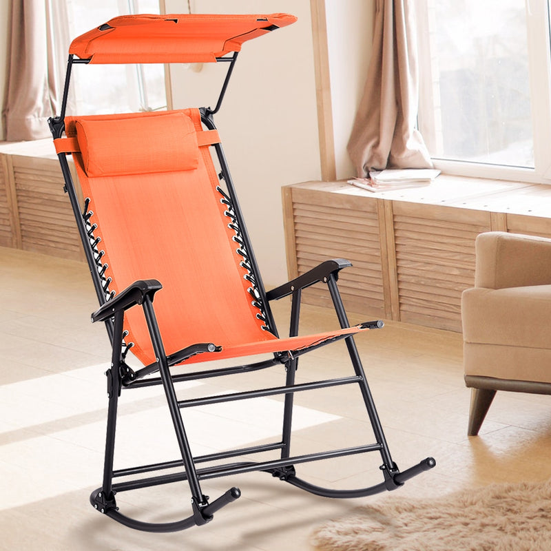 Folding Rocking Chair Rocker Porch Zero Gravity Furniture Sunshade Canopy Orange