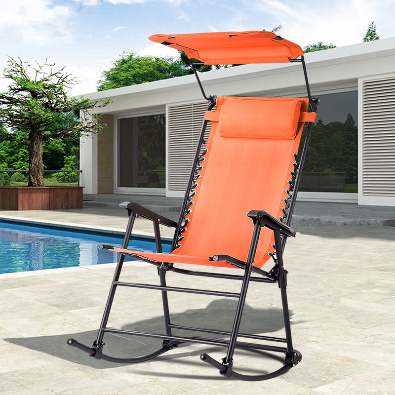 Folding Rocking Chair Rocker Porch Zero Gravity Furniture Sunshade Canopy Orange