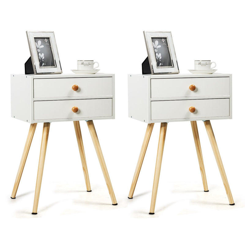 2PC Mid Century Modern 2 Drawers Nightstand In White Sofa Side Table End Table 2*HW59277WH
