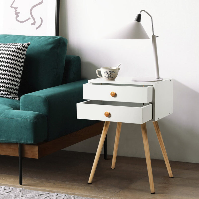 2PC Mid Century Modern 2 Drawers Nightstand In White Sofa Side Table End Table 2*HW59277WH