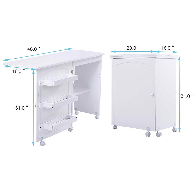 White Folding Swing Craft Table Shelves Storage Cabinet Home Furniture W/Wheels