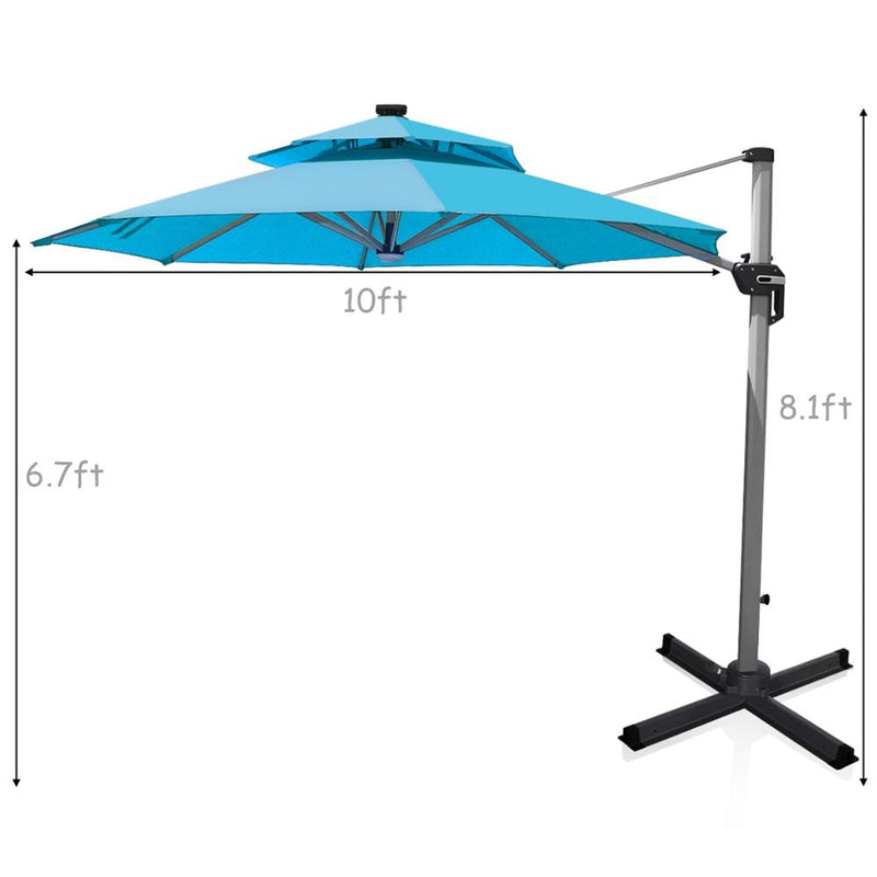 10ft Solar LED Patio Cantilever Umbrella 360° Rotation Aluminum Turquoise W/USB OP70376NY