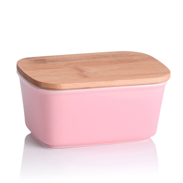 500ML Porcelain Sealing Butter Box Ceramic w/ Wooden Bamboo Lid