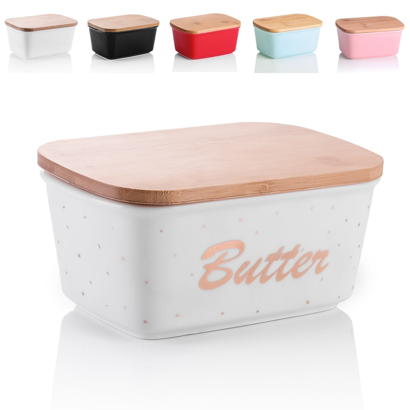 500ML Porcelain Sealing Butter Box Ceramic w/ Wooden Bamboo Lid