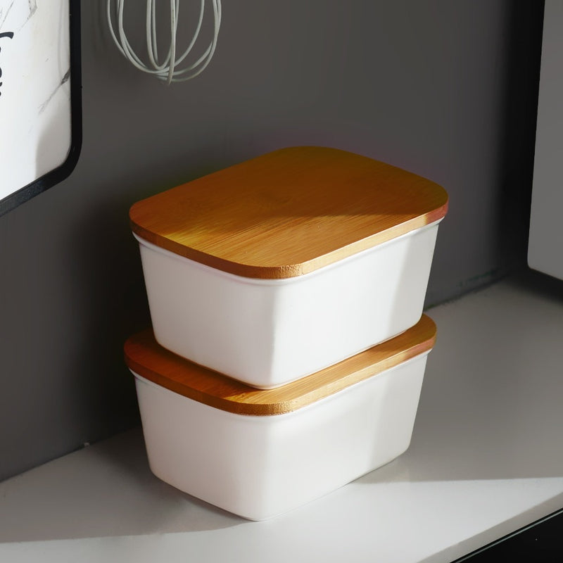 500ML Porcelain Sealing Butter Box Ceramic w/ Wooden Bamboo Lid