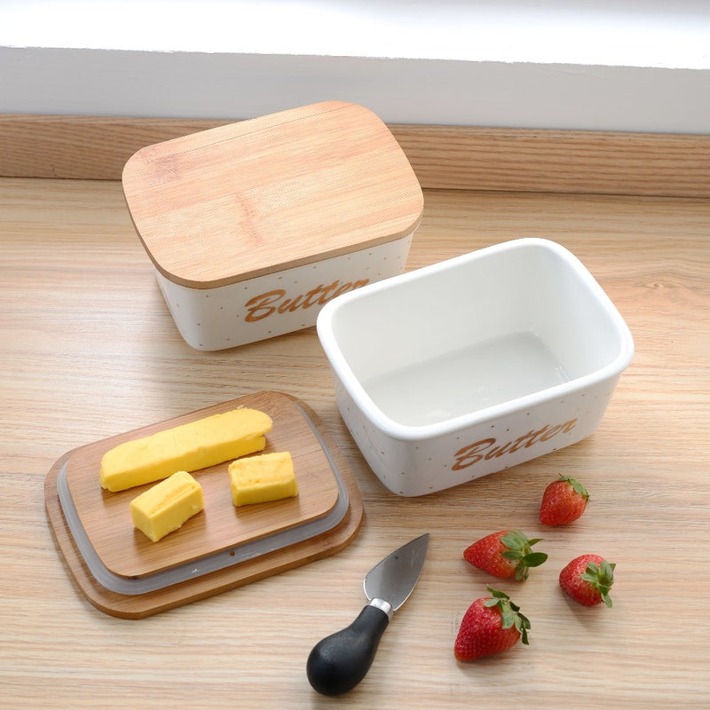 500ML Porcelain Sealing Butter Box Ceramic w/ Wooden Bamboo Lid