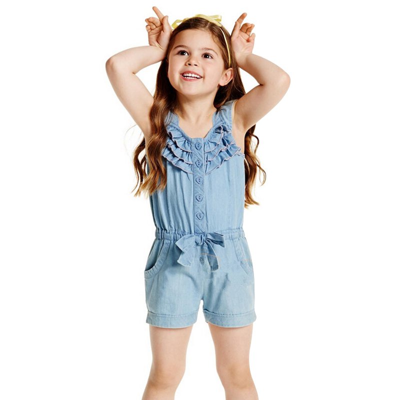 Kids Girls Clothes Denim Blue Cotton Washed Jeans Sleeveless Bow Jumpsuits 0-5Year