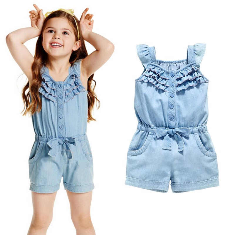 Kids Girls Clothes Denim Blue Cotton Washed Jeans Sleeveless Bow Jumpsuits 0-5Year