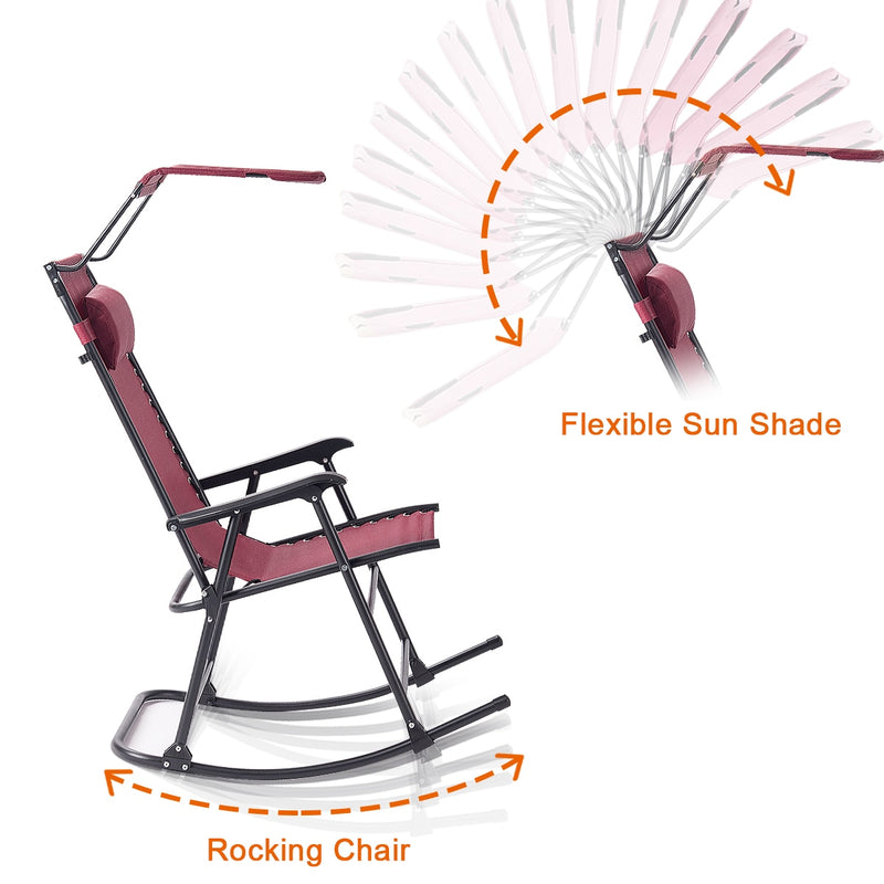 Folding Rocking Chair Rocker Porch Zero Gravity Furniture Sunshade Canopy Red