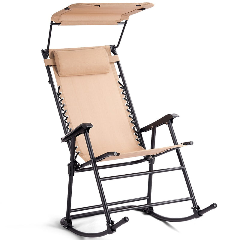 Folding Rocking Chair Rocker Porch Zero Gravity Furniture Sunshade Canopy Beige