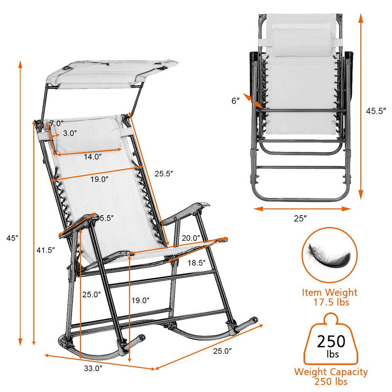 Folding Rocking Chair Rocker Porch Zero Gravity Furniture Sunshade Canopy Beige