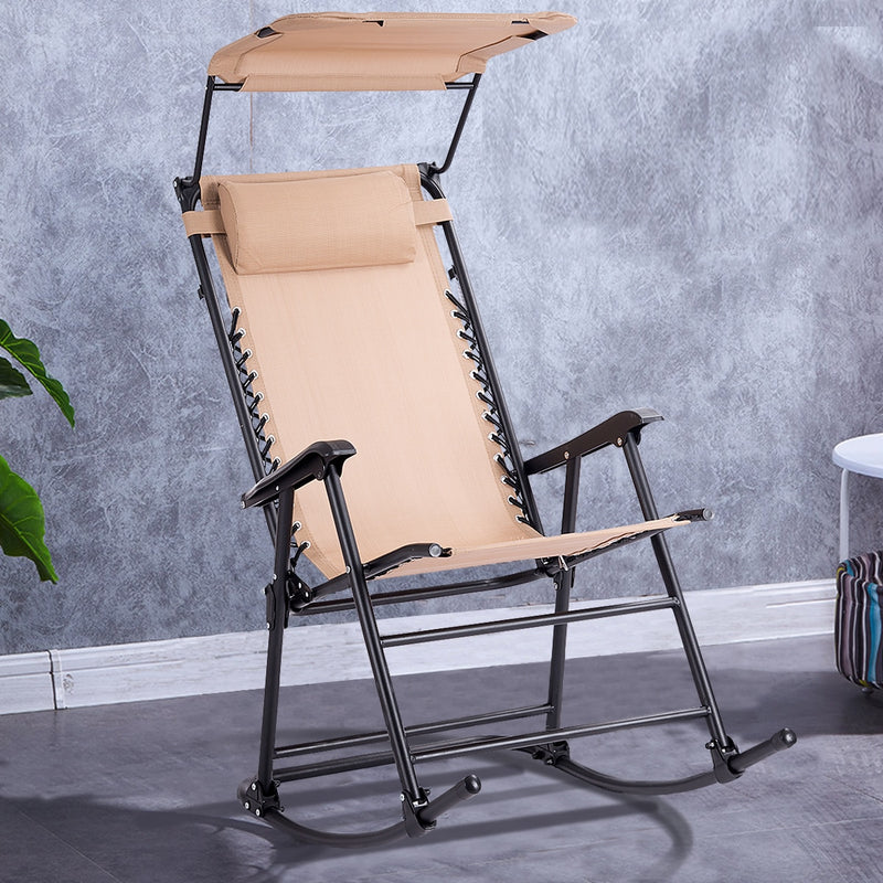 Folding Rocking Chair Rocker Porch Zero Gravity Furniture Sunshade Canopy Beige