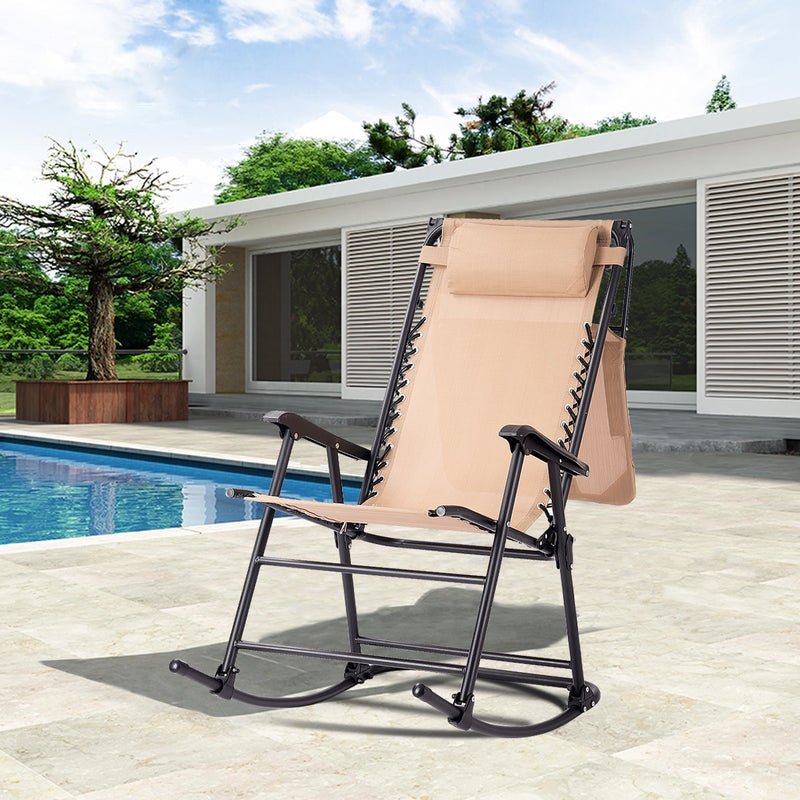 Folding Rocking Chair Rocker Porch Zero Gravity Furniture Sunshade Canopy Beige