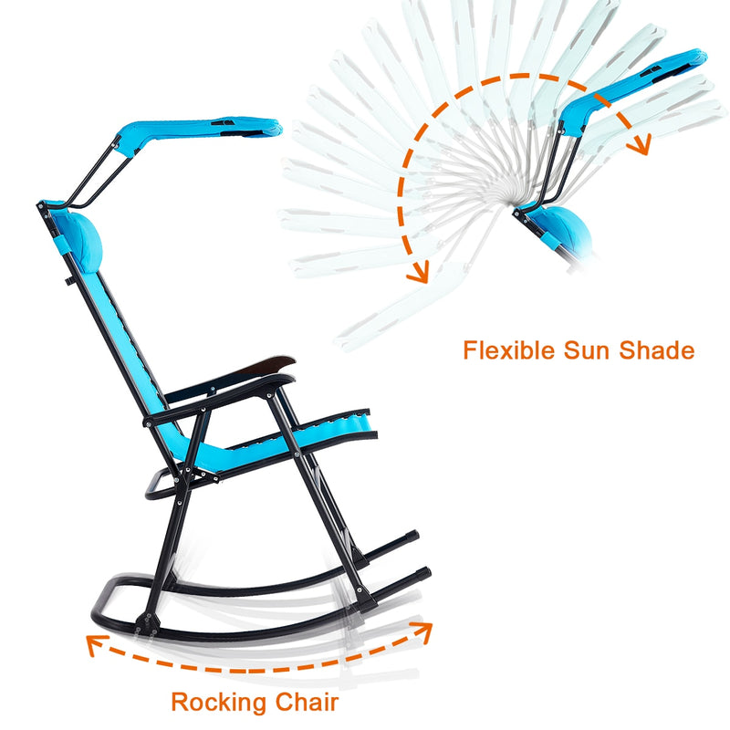 Folding Rocking Chair Rocker Porch Zero Gravity Furniture Sunshade Canopy Light Blue