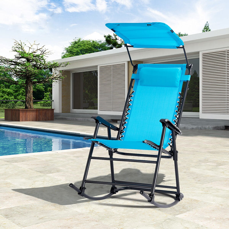 Folding Rocking Chair Rocker Porch Zero Gravity Furniture Sunshade Canopy Light Blue