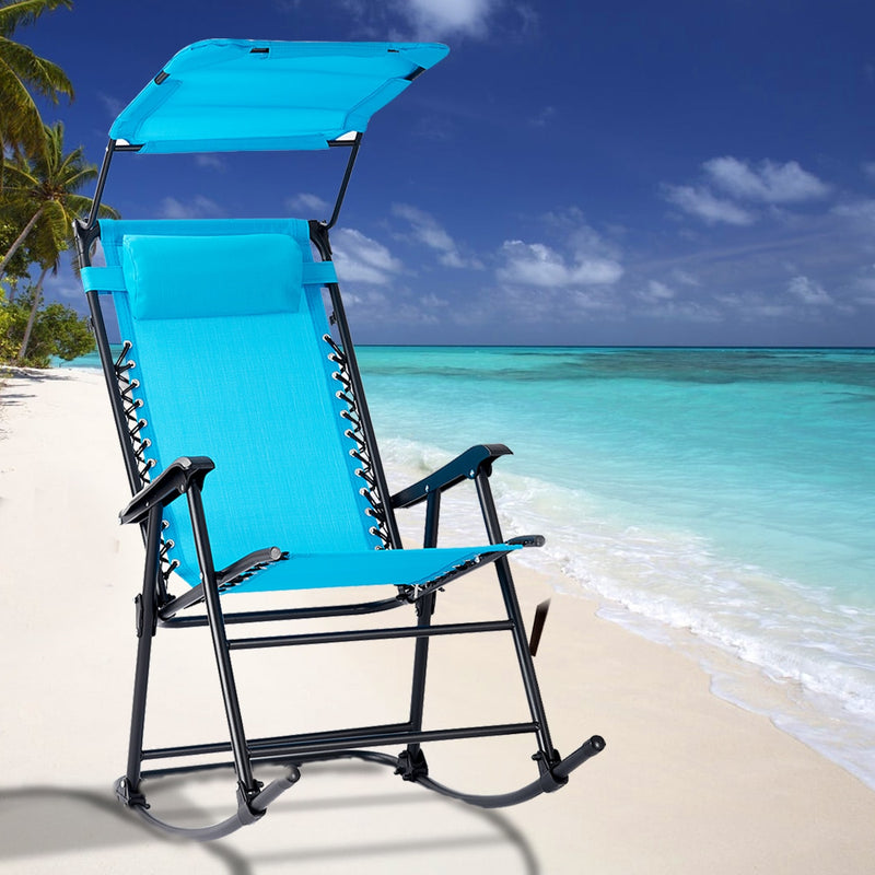 Folding Rocking Chair Rocker Porch Zero Gravity Furniture Sunshade Canopy Light Blue