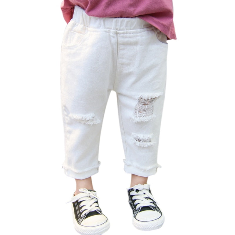 Jeans Trousers Boys And Girls Mid-Waist Casual Solid Color Pants White For Kids 1-7 Years Old New Arrival