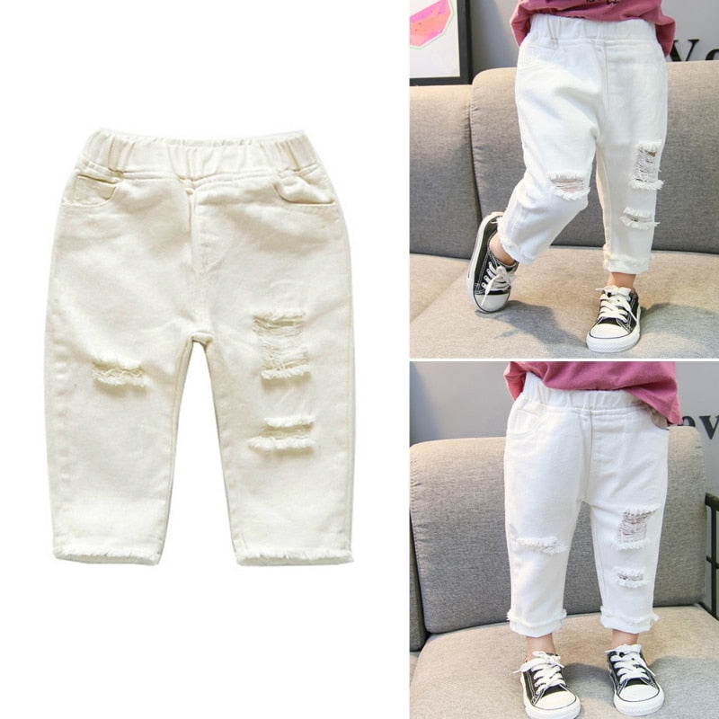 Jeans Trousers Boys And Girls Mid-Waist Casual Solid Color Pants White For Kids 1-7 Years Old New Arrival