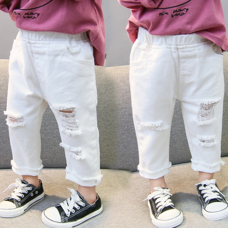 Jeans Trousers Boys And Girls Mid-Waist Casual Solid Color Pants White For Kids 1-7 Years Old New Arrival