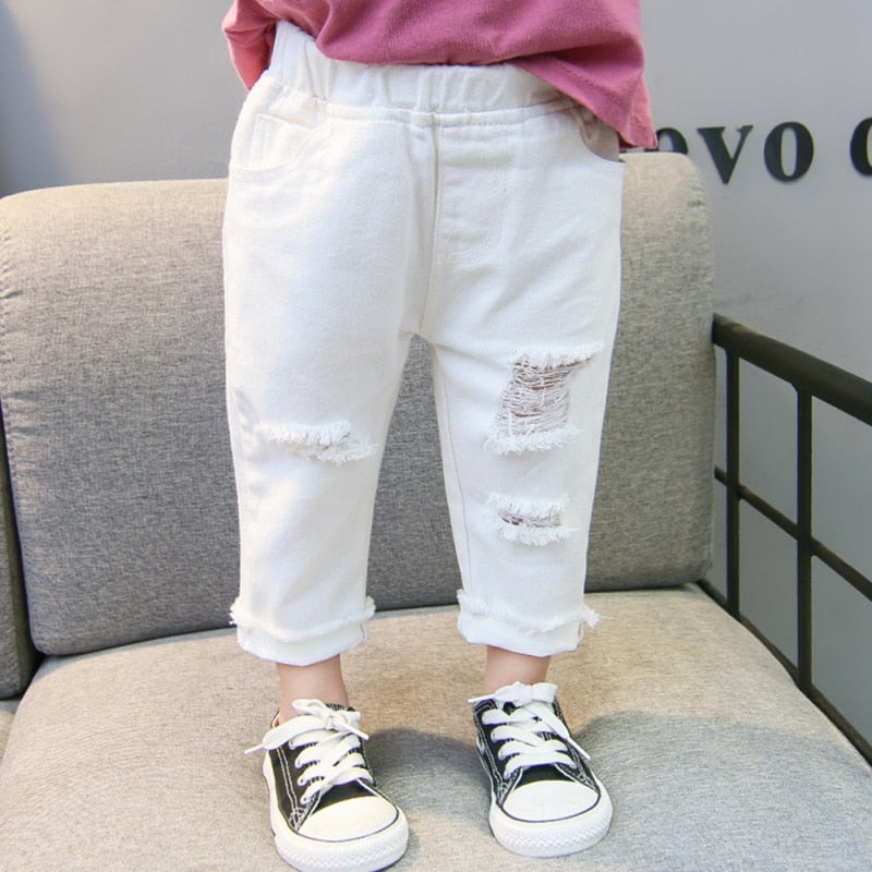 Jeans Trousers Boys And Girls Mid-Waist Casual Solid Color Pants White For Kids 1-7 Years Old New Arrival