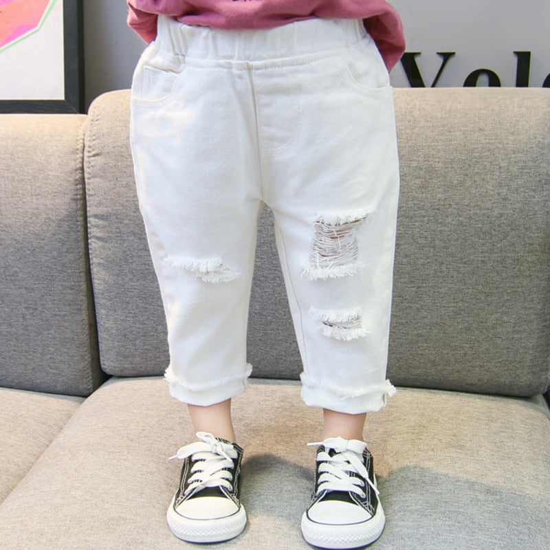 Jeans Trousers Boys And Girls Mid-Waist Casual Solid Color Pants White For Kids 1-7 Years Old New Arrival